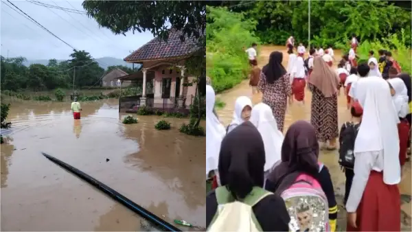 Banjir akibat luapan Sungai Ciletuh merendam permukiman dan akses jalan di Desa Mandrajaya, Kecamatan Ciemas, Sukabumi. (Sumber Foto: Istimewa)