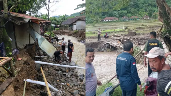 Kondisi rumah warga dan jembatan yang terdampak banjir luapan sungai di Simpenan Sukabumi. (Sumber Foto: Istimewa)
