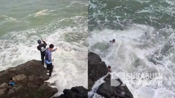 Detik-detik dua pemancing tersapu ombak besar di Pantai Cikeus Ciemas Sukabumi, terekam oleh rekan korban. (Sumber Foto: Tangkapan layar video)