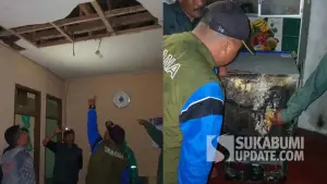 Petugas P2BK Parakansalak bersama unsur desa dan Tagana memeriksa kerusakan rumah warga di Desa Bojonglongok, Parakansalak Sukabumi, setelah disambar petir. (Sumber Foto: Istimewa)
