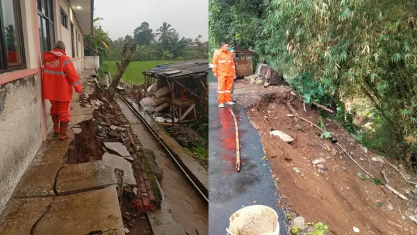 Petugas BPBD Kabupaten Sukabumi meninjau lokasi kerusakan akibat hujan ekstrem, mulai dari amblesnya pondasi bangunan sekolah hingga longsoran yang menggerus badan jalan di 2 titik berbeda, Rabu (19/11/2025). (Sumber: Dok. BPBD)