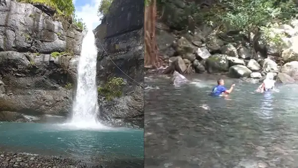 Potret keanggunan Curug Larangan yang berada di Kecamatan Ciemas, Kabupaten yang air kolamnya tetap jernih dan biru di musim hujan. (Sumber : Video dan Foto Milik Rahmat Gozali.).