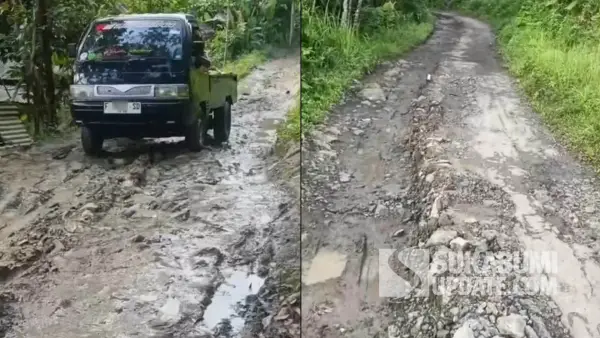 Kondisi jalan penghubung dua kecamatan di Desa Cidadap, Kecamatan Cidadap, Kabupaten Sukabumi yang rusak parah dan dikeluhkan warga. (Sumber Foto: Istimewa)