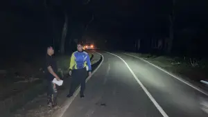 TKP meninggalnya wartawan Sukabumi dalam kecelakaan tunggal di Jalan Raya Cipetir. Senin (24/11/2025). (Sumber: Polisi)
