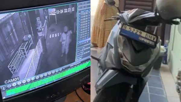 Rekaman CCTV masjid memperlihatkan sosok yang diduga pelaku pencurian motor, sementara foto sebelah kanan menunjukkan Honda Beat Blue Deluxe milik mahasiswi UMMI yang hilang di Cikole, Kota Sukabumi. (Sumber Foto: Istimewa)