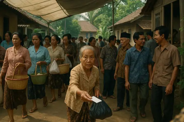 Nyambungan seolah Mulang Tarima dalam tradisi Sunda. Pahami bagaimana kewajiban balas budi (rereongan) berubah jadi beban berat, memaksa warga hingga menggadaikan harta demi menjaga martabat sosial di kampung. (GenImage:Sora)