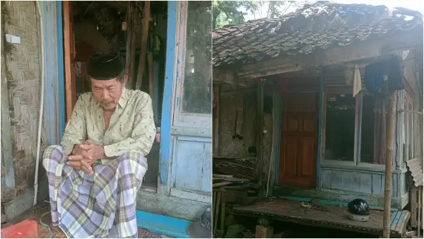 Dudung (63), warga Kampung Cibarehong, Desa Jagamukti, Surade Sukabumi, duduk di depan rumah panggungnya yang nyaris runtuh akibat material yang telah lapuk dimakan usia. (Sumber Foto: Akun FB Citra Nurani)