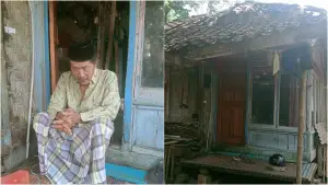Dudung (63), warga Kampung Cibarehong, Desa Jagamukti, Surade Sukabumi, duduk di depan rumah panggungnya yang nyaris runtuh akibat material yang telah lapuk dimakan usia. (Sumber Foto: Akun FB Citra Nurani)