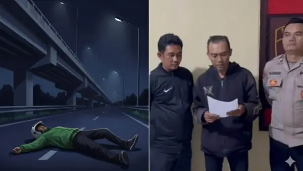 Kiri: Ilustrasi pengakuan palsu AK sebagai korban begal di malam hari. Kanan: AK (tengah, memegang surat) saat memberikan klarifikasi dan permintaan maaf di hadapan petugas kepolisian. (Sumber Foto: Google Gemini AI dan Istimewa)