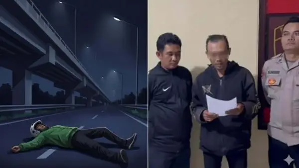 Kiri: Ilustrasi pengakuan palsu AK sebagai korban begal di malam hari. Kanan: AK (tengah, memegang surat) saat memberikan klarifikasi dan permintaan maaf di hadapan petugas kepolisian. (Sumber Foto: Gemini AI dan Istimewa)