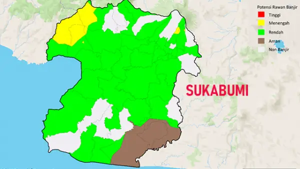 Prakiraan potensi banjir Dasarian I Desember 2025, wilayah Kota dan Kabupaten Sukabumi. (Sumber : BMKG).