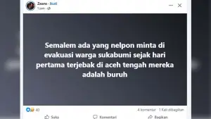 Cuitan relawan Sukabumi Sehati terkait permintaan evakuasi warga Sukabumi yang terjebak banjir di Aceh. (Sumber: Tangkapan layar akun pribadi Andri Kurniawan)