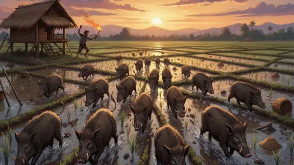 Ilustrasi serangan hama babi hutan di sawah milik warga. (Sumber: Gemini/AI)