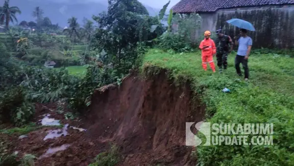 Kebun di Kampung Lemburjami, Desa Lembursawah, Kecamatan Cicatantayan, Kabupaten Sukabumi mengalami longsor dan menimpa empat petak sawah milik warga, Kamis (4/12/2025). (Sumber Foto: Dok. P2BK Cicantayan)