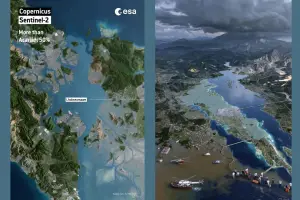 Satelit Sentinel-2 Milik Eropa (ESA) Memperlihatkan Banjir merendam lebih dari 50% wilayah Aceh Utara dan sekitarnya, melebihi kerusakan tsunami 2004 dalam hal luas lahan terdampak. (GenImage: grok)