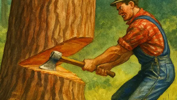 Ilustrasi tebang hutan dan pohon besar (Sumber: copilot)