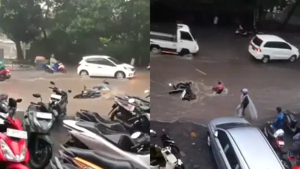 Momen dua pengendara motor terseret arus deras banjir di Jalan Siliwangi Kota Sukabumi, Jumat (5/12/2025). (Sumber Foto: Istimewa)