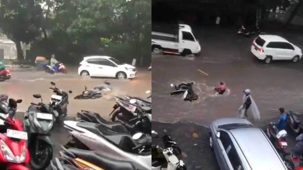 Detik-detik Banjir Berarus Deras di Jalan Siliwangi Sukabumi Seret Dua Pemotor