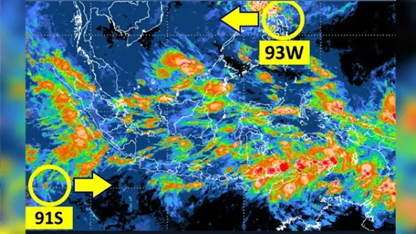 BMKG kembali mengingatkan warga untuk meningkatkan kewaspadaan. Dua bibit siklon tropis 93W dan 91S terpantau aktif. (Sumber : BMKG).