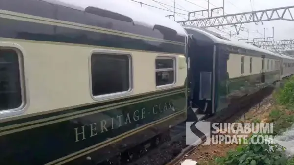 Rangkaian Kereta Api Wisata Jaka Lalana dengan livery hijau bertuliskan “Heritage Class” melintas saat menjalani uji dinamis di jalur selatan pada Rabu (10/12/2025). (Sumber Foto: FB Nur Wira Tirta Adikusuma)