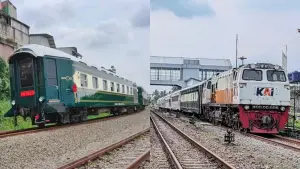 Rangkaian Kereta Wisata Jaka Lalana dengan gerbong Heritage Class menjalani uji dinamis perdana di lintas Sukabumi–Cianjur, Rabu (10/12/2025). (Sumber Foto: IG Railfans Sukabumi)