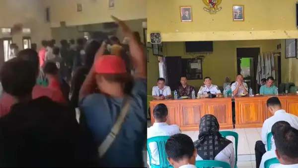 Situasi kericuhan di audiensi pertama dan audiensi ulang pemdes Sukatani. Rabu (10/12/2025). (Sumber: Istimewa)