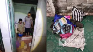 Petugas Polisi saat melakukan pemeriksaan di lokasi penemuan jenazah pria tanpa identitas di toilet Masjid Al-Barkah, Sukaraja Sukabumi (kiri), serta sejumlah barang bawaan korban yang diamankan. (Sumber Foto: Istimewa)