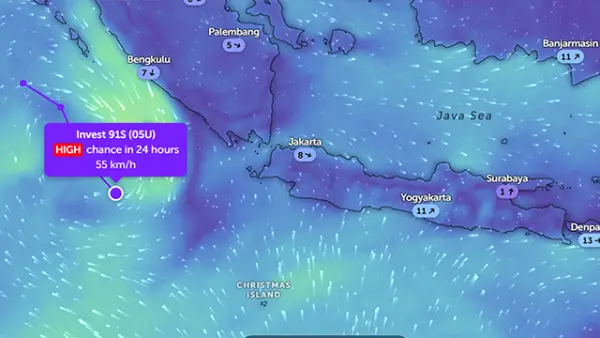 Siklon Tropis 91S di Samudera Hindia. (Sumber : zoom.earth).