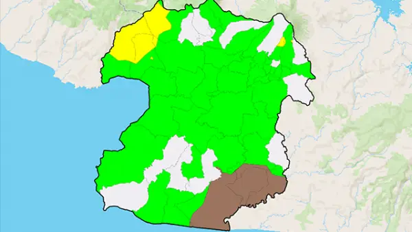 Potensi Banjir Kategori Menengah hingga Rendah di Kecamatan Kota dan Kabupaten Sukabumi, Dasarian II Desember 2025. (Sumber : BMKG).