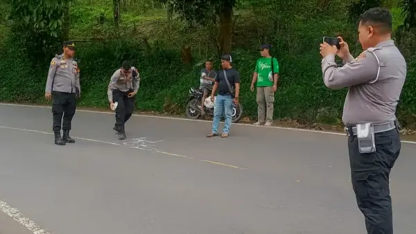 Polisi olah TKP di lokasi tabrakan motor dan mobil boks di jalan raya Simpenan (Sumber: dok polsek)