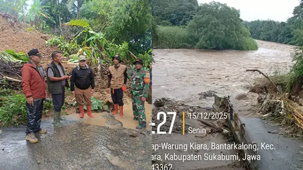 Jalan Kabupaten tertutup longsor dan Jembatan Cikolomeran yang Ambruk di Kecamatan Warungkiara. (Sumber : Dok BPBD).