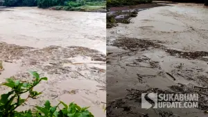 Banjir sungai Cidadap di Simpenan Kabupaten Sukabumi pada Senin 15 Desember 2025 membawa banyak potongan kayu (Sumbe: warganet)