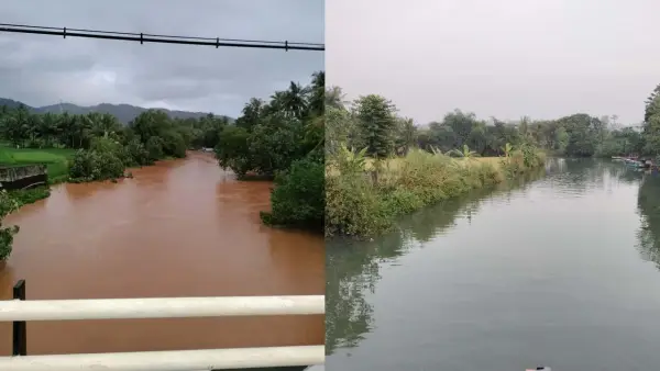 Perbandingan air Sungai Ciselang saat jernih dan keruh pekat. (Sumber: Dok : Warga)