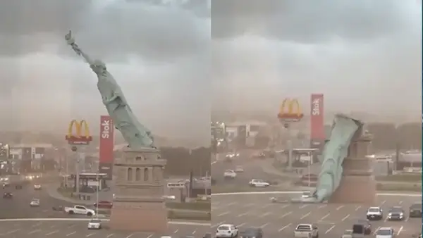 Screenshoot video Patung Liberty yang roboh akibat dihantam badai. (Sumber : Video X@BNODesk).