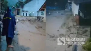 Akibat luapan Sungai Cibadak, kondisi banjir bandang yang menerjang Kampung Cipicung, RT 12, Desa Mekarasih, Kecamatan Simpenan, Kabupaten Sukabumi, Selasa (16/12/2025). (Sumber Foto: Istimewa)