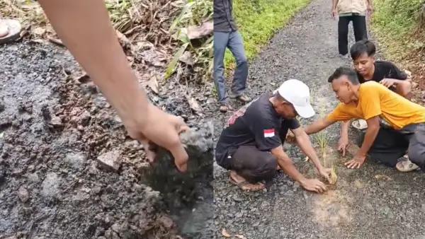Beberapa warga saat memperlihatkan kondisi aspal di Cidadap, Sukabumi yang mudah mengelupas. (Sumber: Dok : Warga)