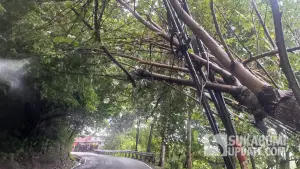 Kacaunya pemasangan kabel wifi di jalan raya Waluran Kabupaten Sukabumi (Sumber: dok warganet)