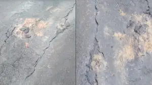 Kondisi jalan baru diaspal sudah retak di Purabaya, Kabupaten Sukabumi | Foto : Dok. Warga