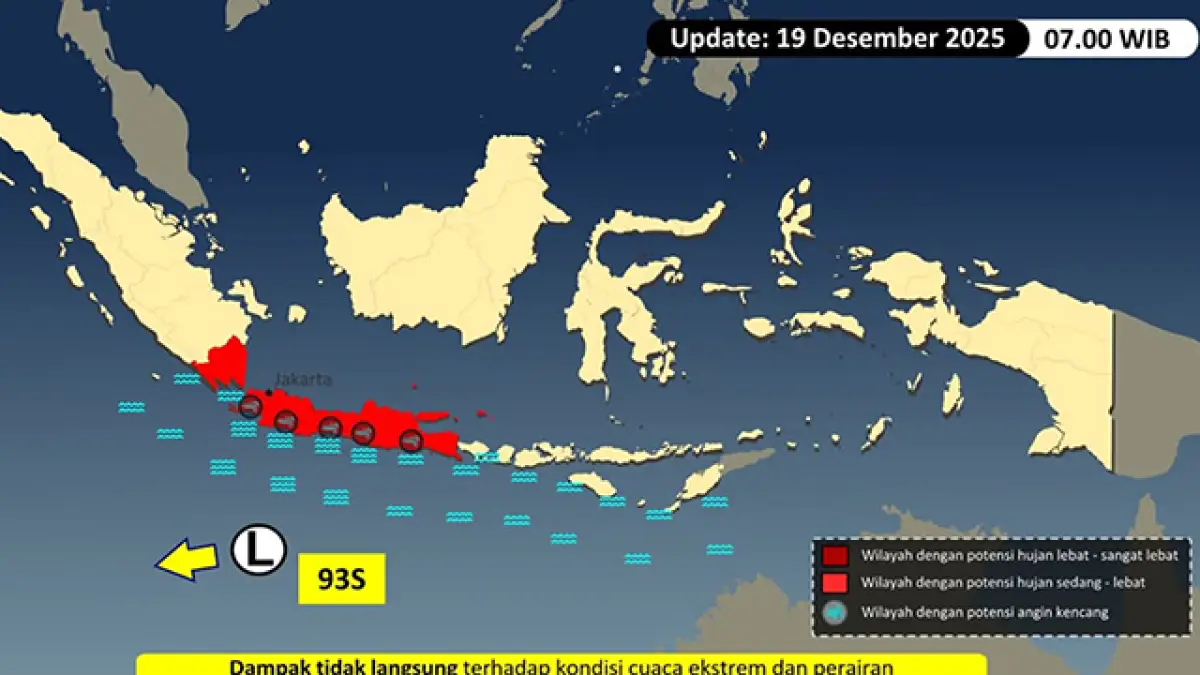 Jawa Barat masuk zona merah potensi hujan sedang hingga lebat akibat dampak tidak langsung dari Bibit Siklon 93S. | BMKG