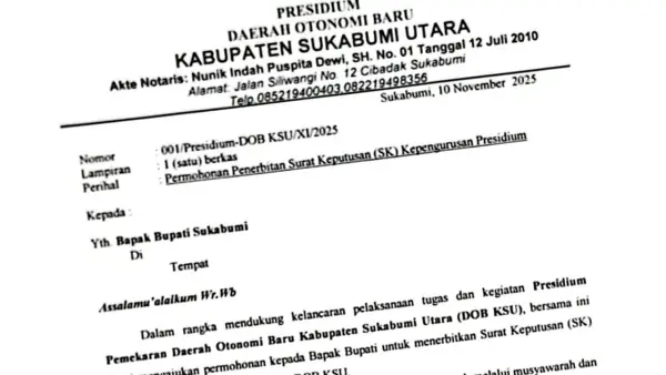 Salinan digital surat permohonan SK Kepengurusan Presidium DOB Kabupaten Sukabumi Utara (KSU) | Foto : Dok. Ist