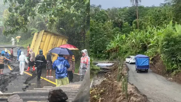 Kondisi sebelum dan sesudah dilakukan perbaikan sementara pada Jalan Bagbagan-Kiaradua yang amblas dan tak bisa dilalui di Desa Loji, Kecamatan Simpenan, Kabupaten Sukabumi. Jumat (19/12/2025). (Sumber: Dok Warga)