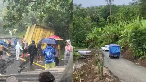 Kondisi sebelum dan sesudah dilakukan perbaikan sementara pada Jalan Bagbagan-Kiaradua yang amblas dan tak bisa dilalui di Desa Loji, Kecamatan Simpenan, Kabupaten Sukabumi. Jumat (19/12/2025). (Sumber: Dok Warga)