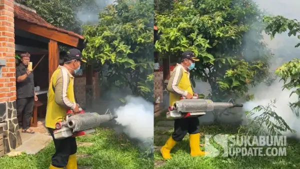 Pelaksanaan fogging di salah satu rumah warga di Kecamatan Bojonggenteng, Kabupaten Sukabumi. Jumat (19/12/2025). (Sumber : SU/Ibnu Sanubari)