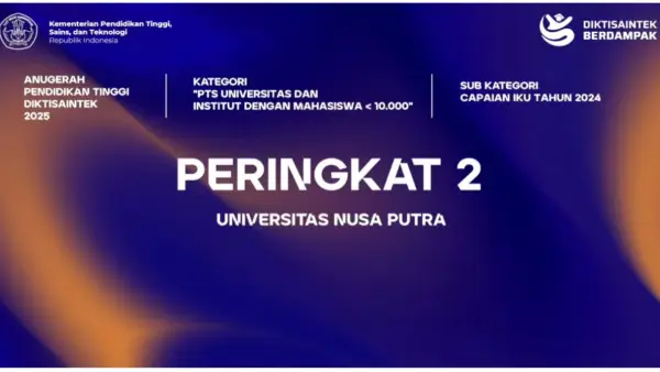 Peringkat 2 Nasional Anugerah Pendidikan Tinggi Diktisaintek Tahun 2025 pada Sub Kategori Capaian Indikator Kinerja Utama (IKU) Tahun 2024. (Sumber: dok nusa putra)