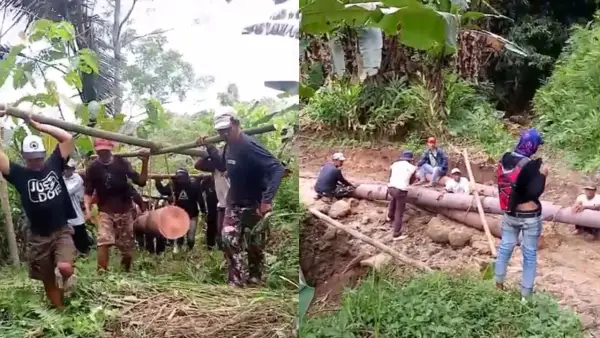 Warga Bangbayang bangun jembatan darurat melalui swadaya masyarakt. Sabtu (20/12/2025). (Sumber: Dok Warga)