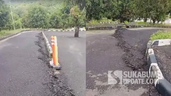 Kondisi retakan di area parkir Curug Sodong di Geopark Ciletuh Ciemas Kabupaten Sukabumi yang memanjang hingga 20 meter. (Sumber Foto: Istimewa)