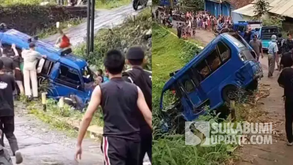 Warga bergotong royong mengevakuasi angkot yang tergelincir dan masuk jurang di Tanjakan Selaeurih, Desa Sukajaya, Kabupaten Sukabumi, Sabtu (20/12/2025). (Sumber Foto: Istimewa)