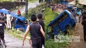 Warga bergotong royong mengevakuasi angkot yang tergelincir dan masuk jurang di Tanjakan Salaeurih, Desa Sukajaya, Kabupaten Sukabumi, Sabtu (20/12/2025). (Sumber Foto: Istimewa)