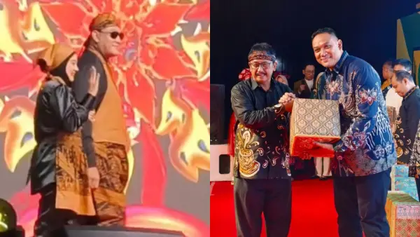 Penampilan jas apron modern Kepala Bapenda Sukabumi saat fashion show (kiri) dan momen penerimaan juara favorit Fashion & Culinary Night 2025 dari Bupati Sukabumi Asep Japar. (kanan). (Sumber Foto: Istimewa)