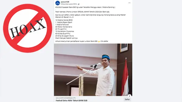 Hoaks Undian Akhir Tahun Bank BJB Beredar di Facebook. (Sumber : Facebook).